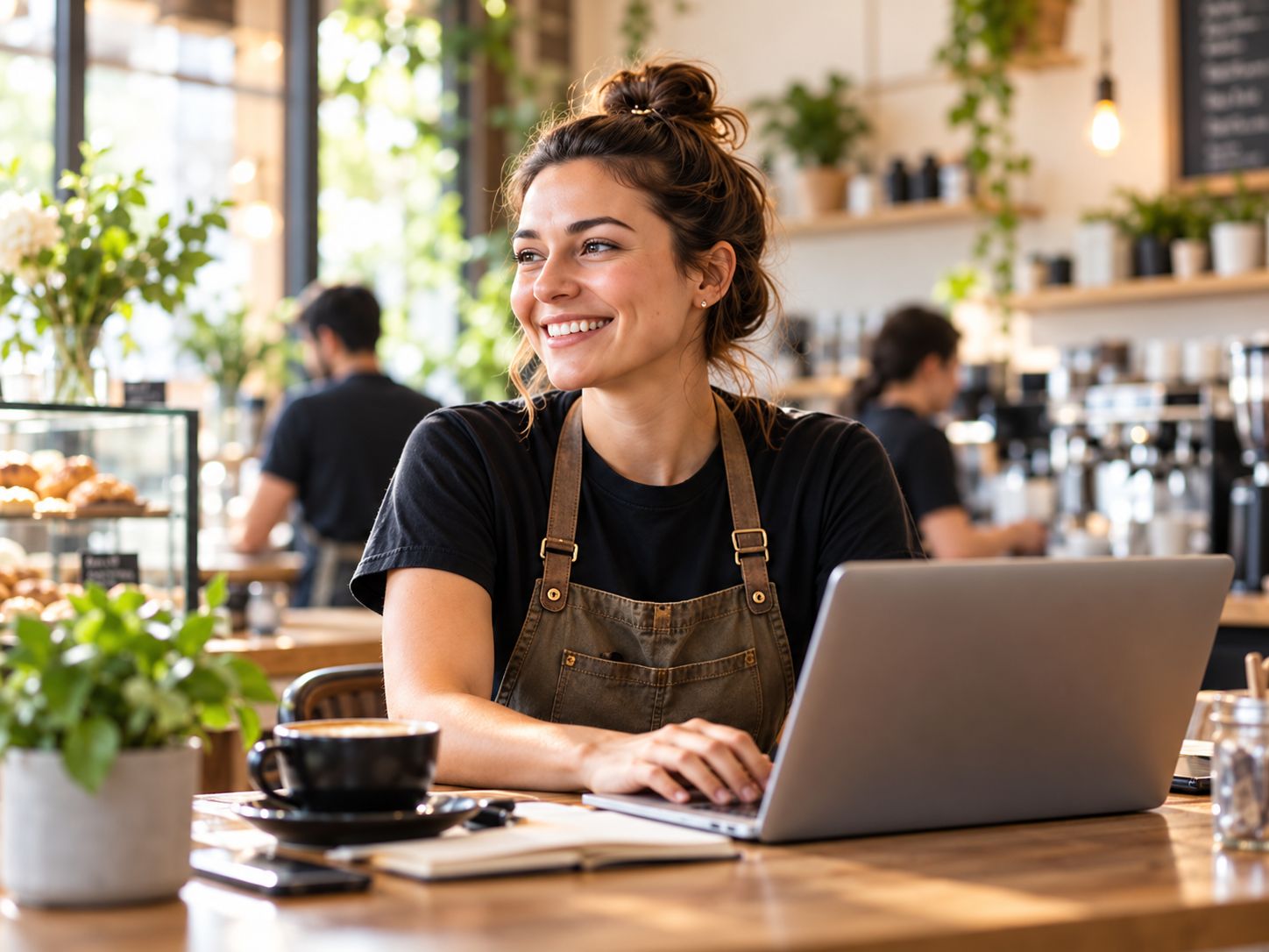 A café owner smiling as she works on a laptop at the counter of a bright, busy café