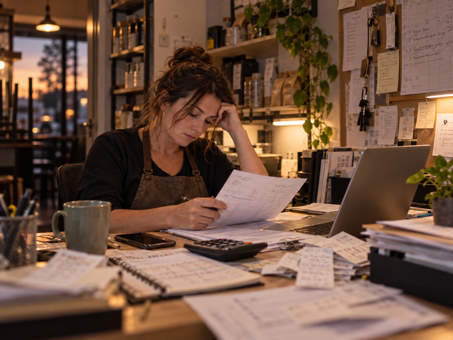 A café manager working through paper timesheets and receipts with a calculator in a cluttered back office