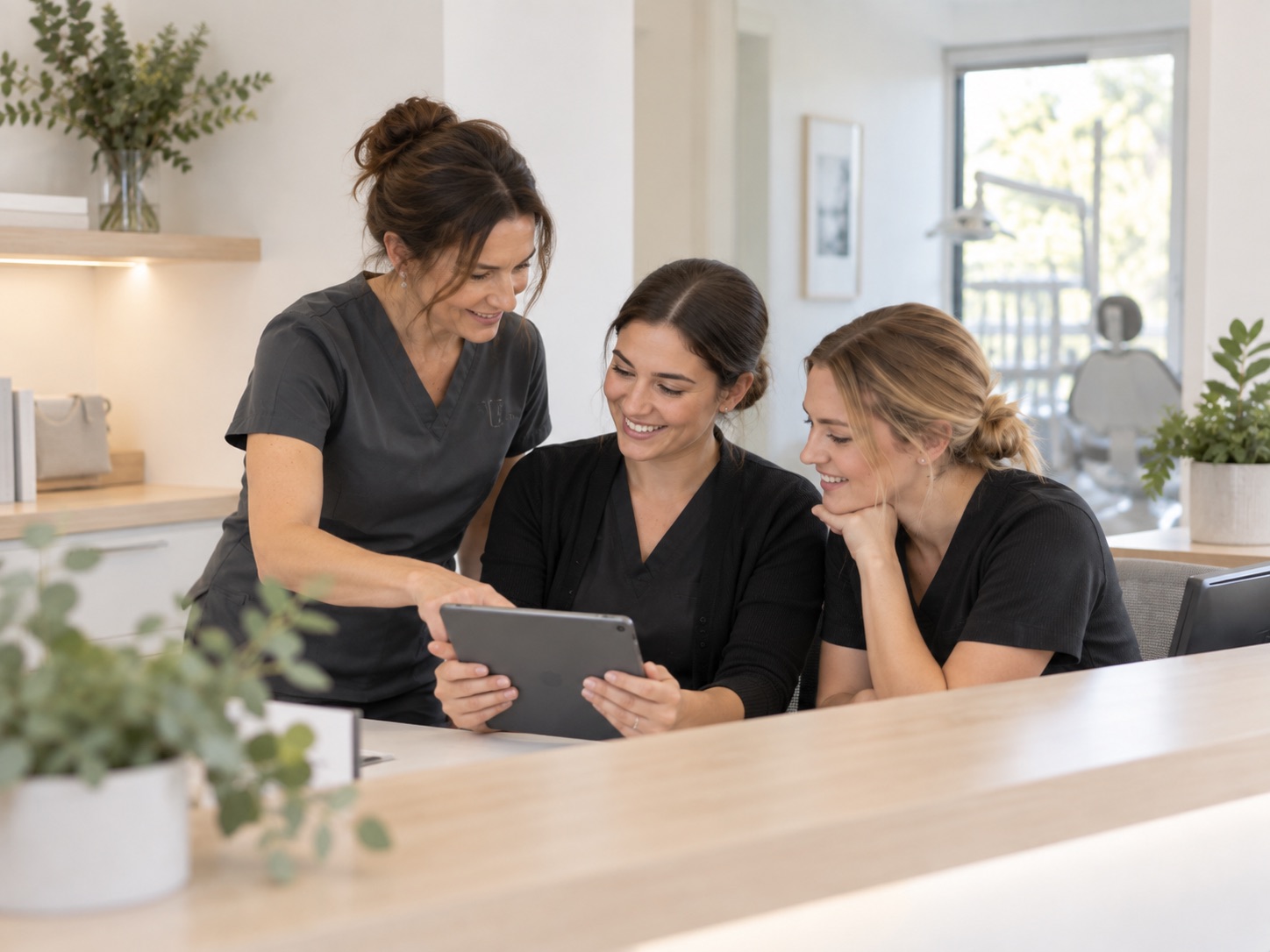 Three clinic staff at the front desk looking at a tablet together