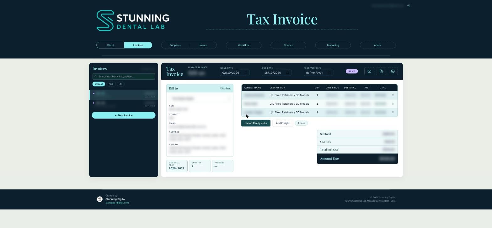 Tax invoice screen with the import ready jobs button; clinic details and amounts blurred