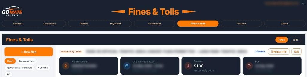 Fines and tolls screen in the GoMate portal with notice, offence, amount and due date cards; details blurred