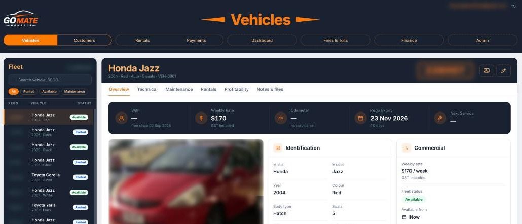 GoMate Rentals management portal showing a vehicle record, with registration details blurred