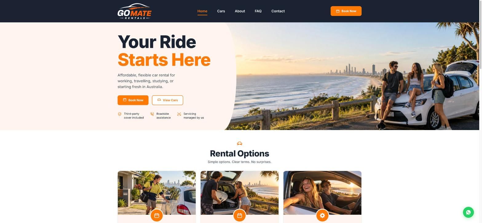 GoMate Rentals home page: 'Your ride starts here', with affordable, flexible car rental for working, travelling and studying in Australia