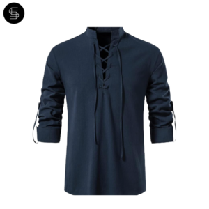 LucMatton Men’s Lace-Up Cotton Medieval Costume with mandarin collar, adjustable sleeves, and retro texture, 100% cotton. Stunning Marketplace product.