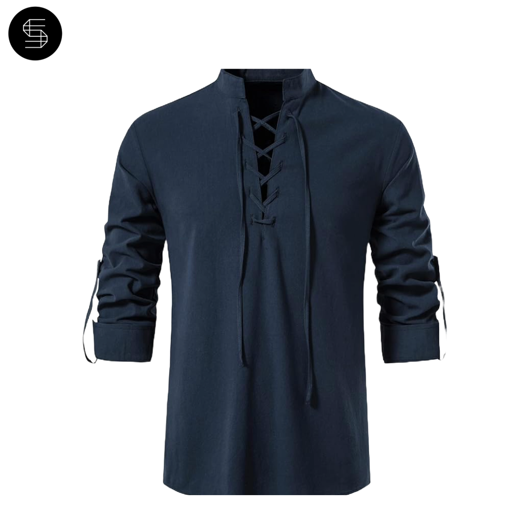 LucMatton Men’s Lace-Up Cotton Medieval Costume with mandarin collar, adjustable sleeves, and retro texture, 100% cotton. Stunning Marketplace product.